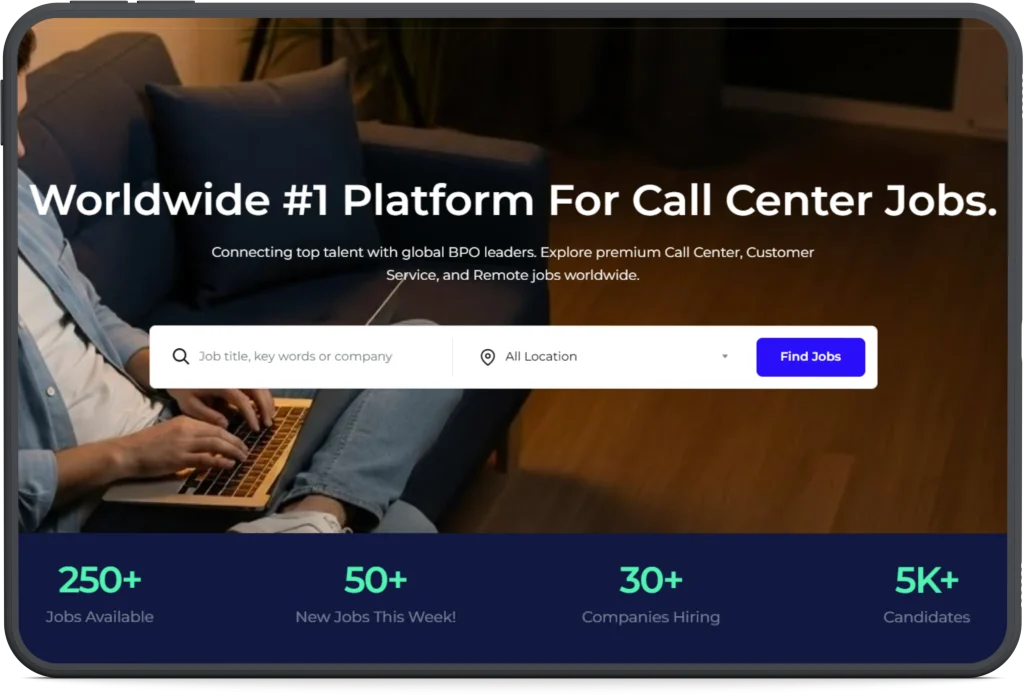 alt="QuickfirmX job platform interface showing call center job search and hiring statistics"