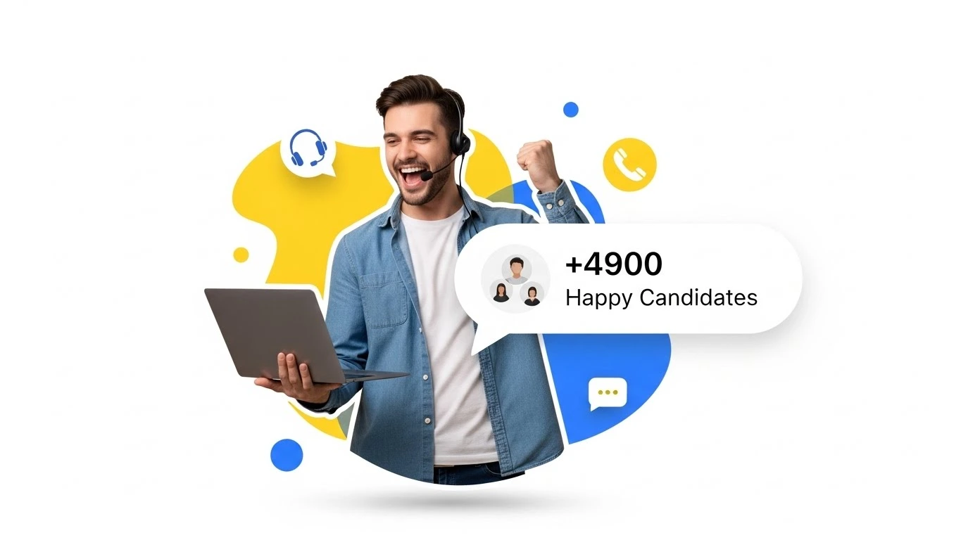 alt="Call center professional celebrating job success on QuickfirmX platform"